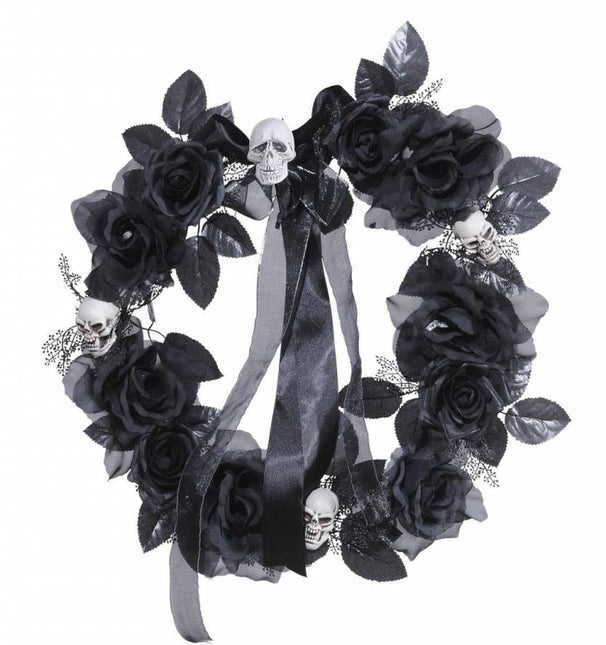 Deurkrans met zwarte rozen, schedels en verlichting