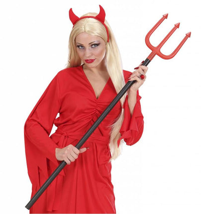 Drietand duivel rood met zwarte steel, gedragen bij rood duivelkostuum voor Halloween
