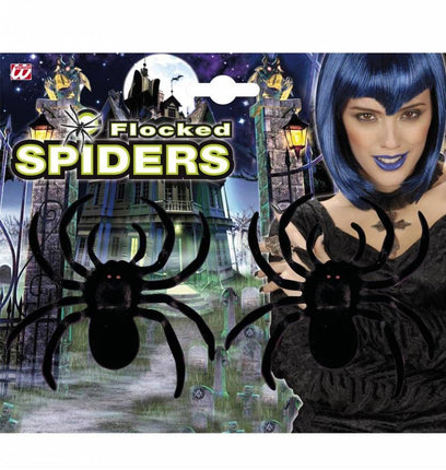 Halloweenaccessoires: 2 fluwelen spinnen 10 cm