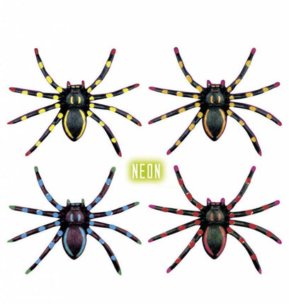 Halloweenaccessoires: 4 Neon spinnen 7 cm