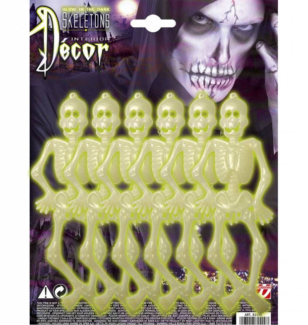 Halloweenaccessoires: 6 Lichtgevende skeletten 15 cm