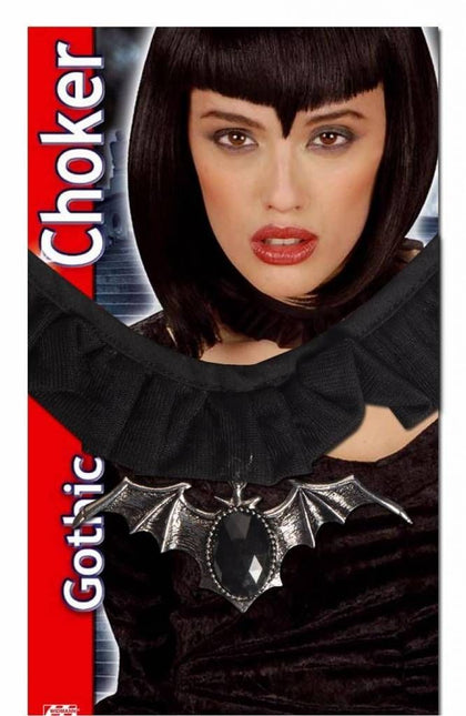 Halloweenaccessoires choker vleermuis met zwarte gemsteen