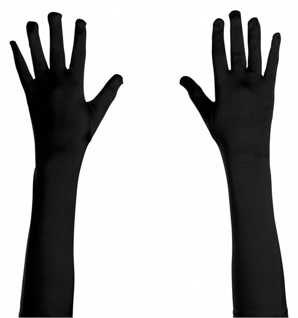 Halloweenaccessoires handschoenen satijn zwart 45cm