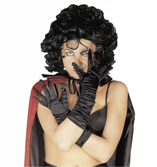 Halloweenaccessoires handschoenen satijn zwart geplooid