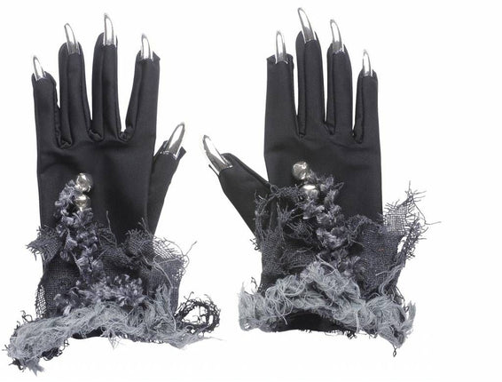 Halloweenaccessoires: Heksenhandschoen met zilveren nagels