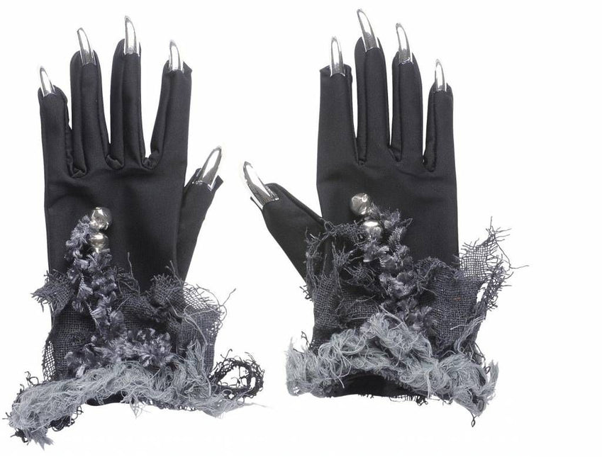 Halloweenaccessoires: Heksenhandschoen met zilveren nagels