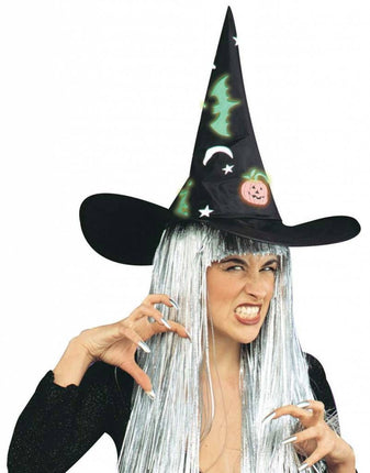 Halloweenaccessoires: Heksenhoed ,met glow in the dark motiefjes
