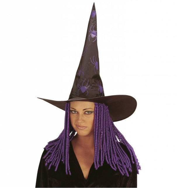 Halloweenaccessoires: Heksenhoed met spinnen en dreadlocks