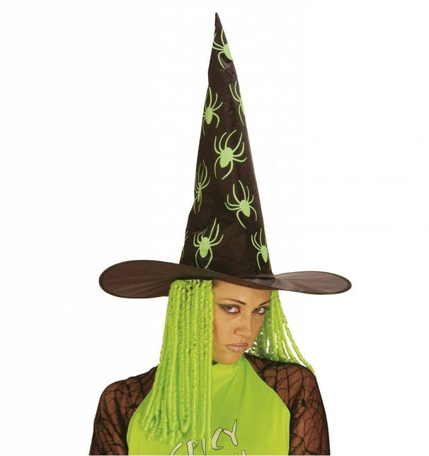 Halloweenaccessoires: Heksenhoed met spinnen en dreadlocks