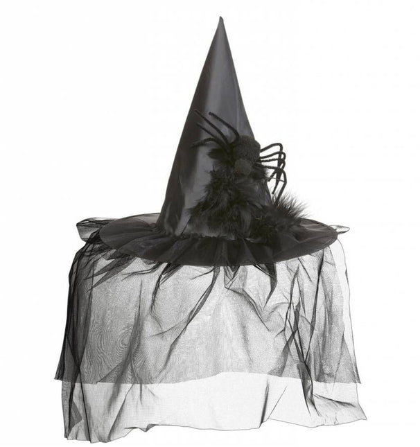 Halloweenaccessoires heksenhoed met tule-veren en spin
