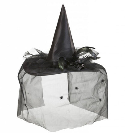 Halloweenaccessoires heksenhoed met tulle bloem en veren