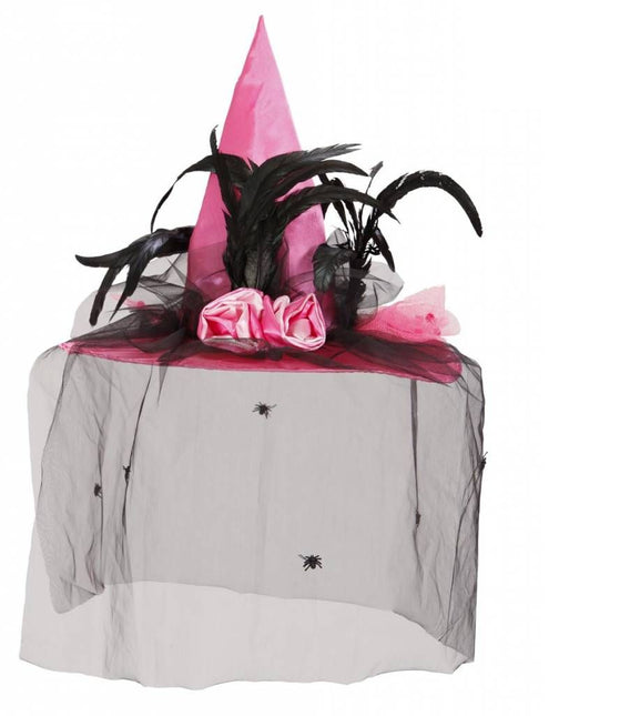 Halloweenaccessoires: Heksenhoed met veren en voile