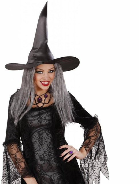 Halloweenaccessoires heksenhoed satijn met haar
