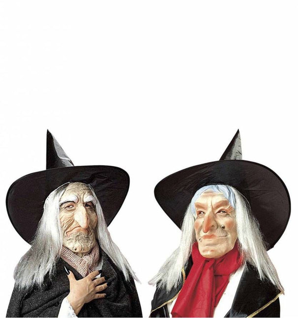 Halloweenaccessoires: Heksenmasker met hoed en haar