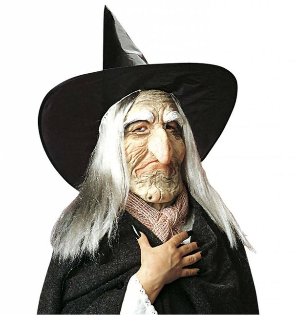 Halloweenaccessoires: Heksenmasker met hoed en haar