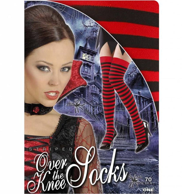 Halloweenaccessoires kniekousen rood/zwart gestreept