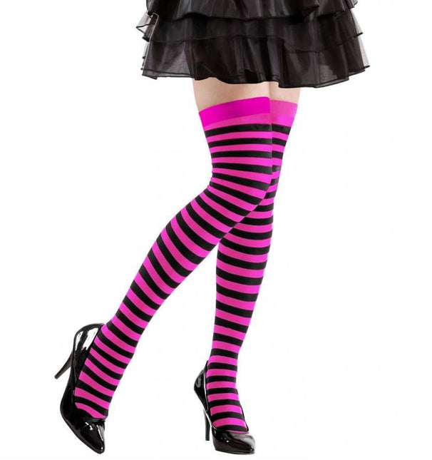 Halloweenaccessoires kniekousen rose/zwart gestreept