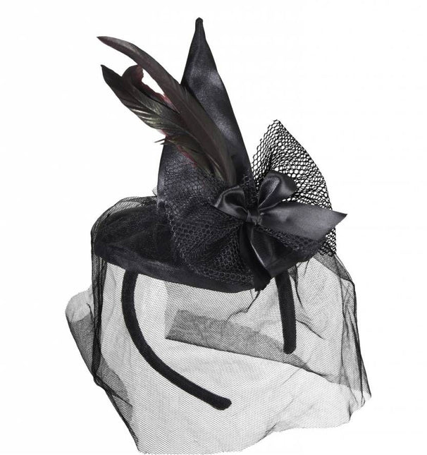 Halloweenaccessoires mini heksenhoed met veren en tule
