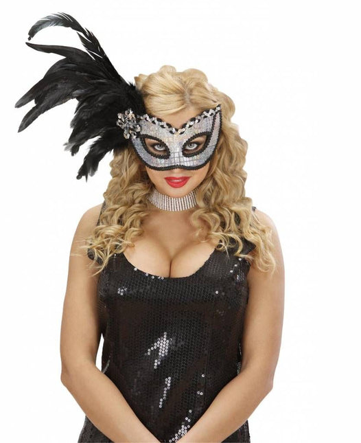 Halloweenaccessoires oogmasker holografisch met veren