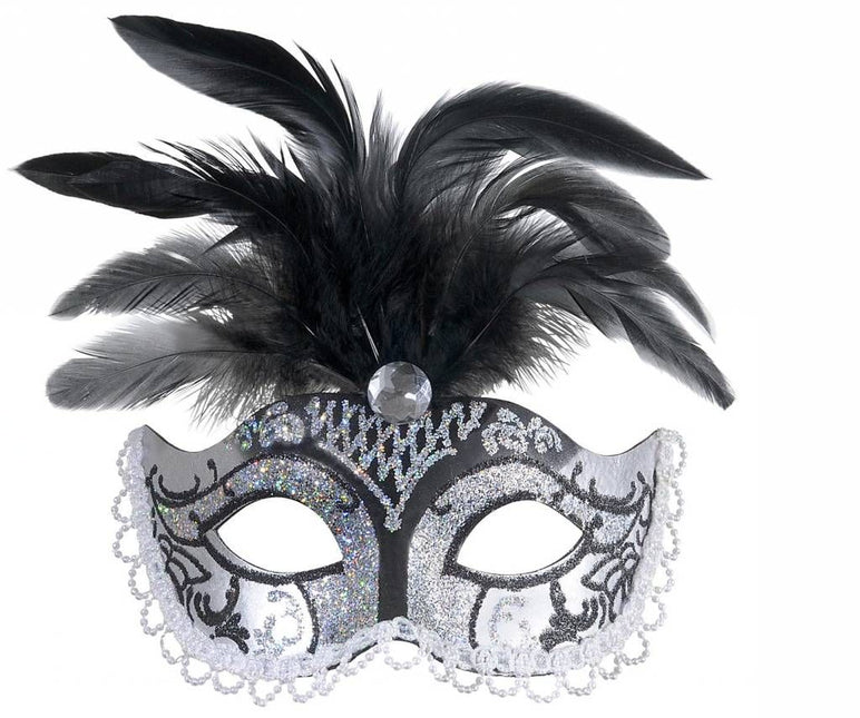 Halloweenaccessoires oogmasker zwart/zilver glitter met diamant en veren