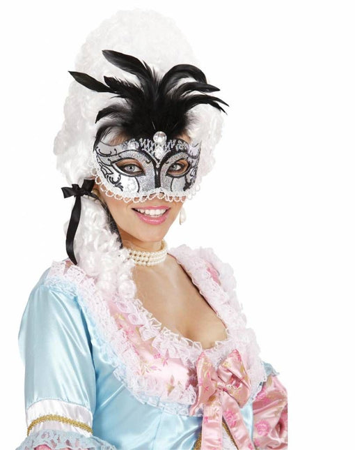 Halloweenaccessoires oogmasker zwart/zilver glitter met diamant en veren