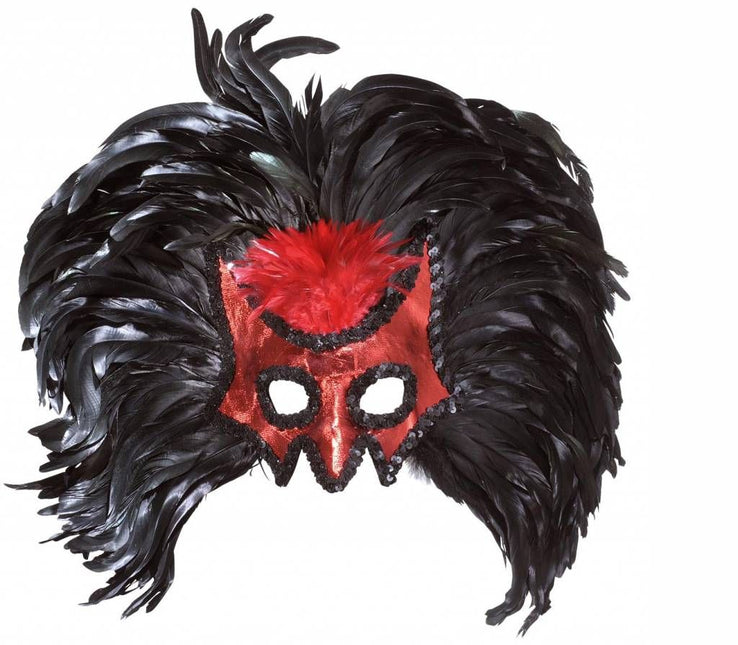 Halloweenaccessoires oogmaskerduivel met jumbo veren