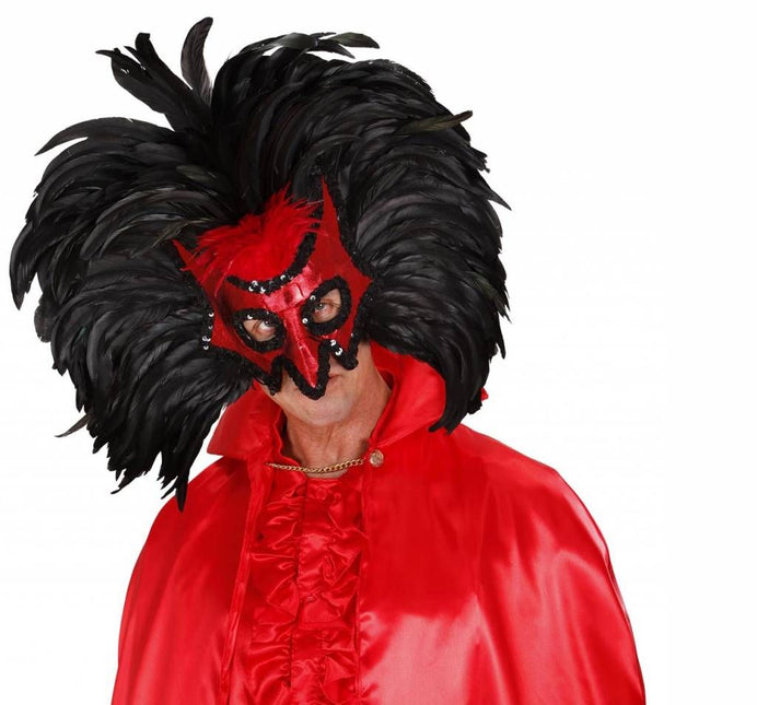 Halloweenaccessoires oogmaskerduivel met jumbo veren