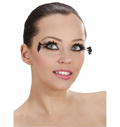 Halloweenaccessoires oogwimpers zwart met 3 veren aan de zijkant