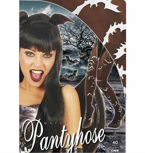 Halloweenaccessoires panty zwart met vleermuizen