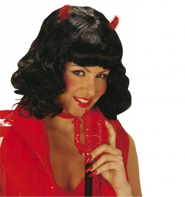 Halloweenaccessoires: Pruik Diabolique met oplichtende hoorntjes