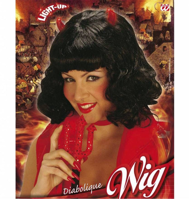 Halloweenaccessoires: Pruik Diabolique met oplichtende hoorntjes