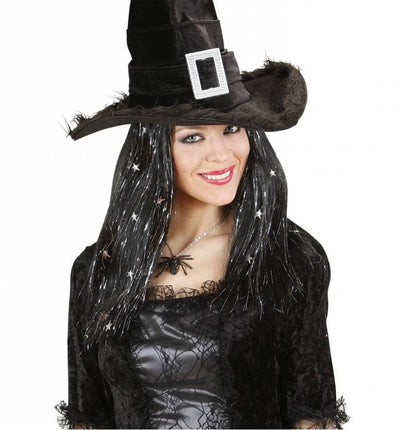 Halloweenaccessoires pruik heks met zilveren sterretjes