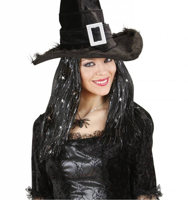 Halloweenaccessoires pruik heks met zilveren sterretjes