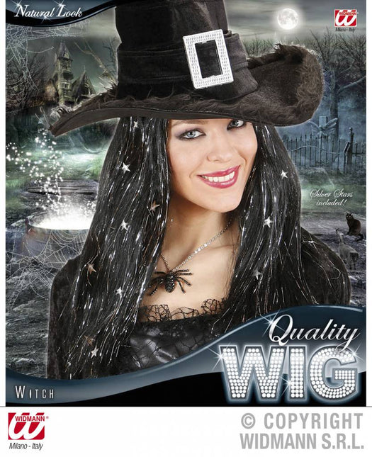 Halloweenaccessoires pruik heks met zilveren sterretjes