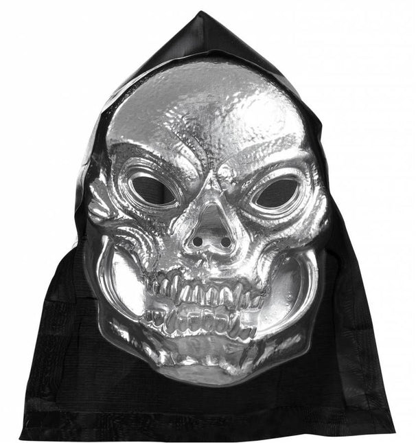 Halloweenaccessoires pvc schedelmasker metalic met kap