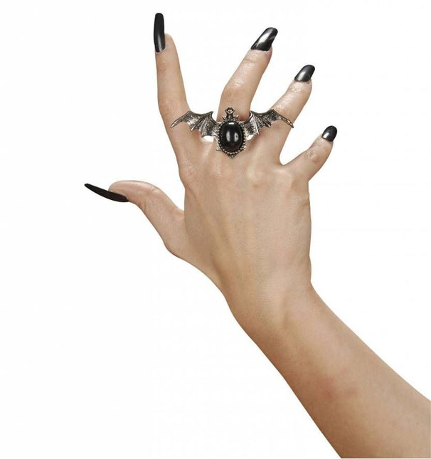 Halloweenaccessoires ring vleermuis met zwarte gemsteen