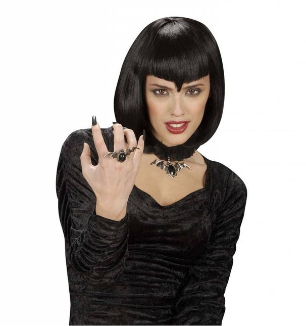 Halloweenaccessoires ring vleermuis met zwarte gemsteen