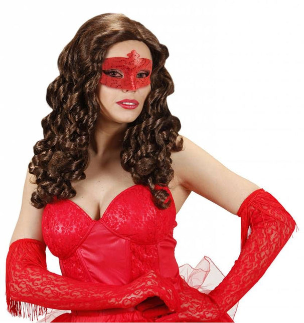 Halloweenaccessoires rood oogmasker met pailletten en tule