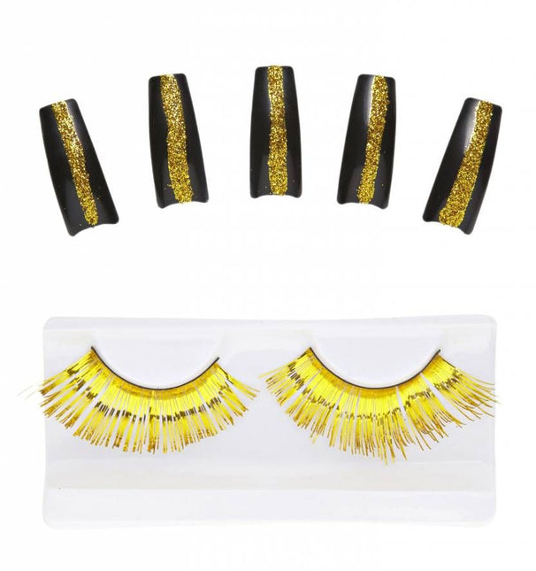 Halloweenaccessoires set oogwimpers goud met 10 glitternagels