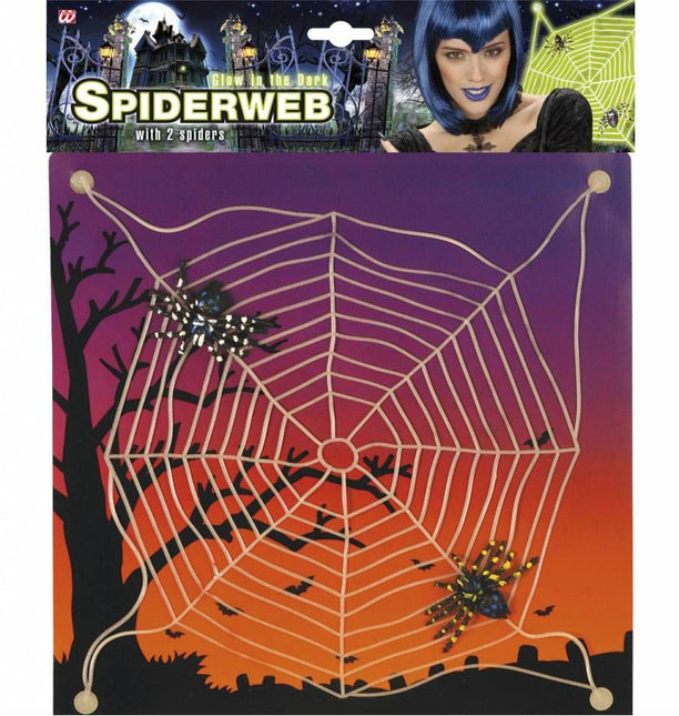 Halloweenaccessoires spinnenweb met 2 spinnen lichtgevend in donker