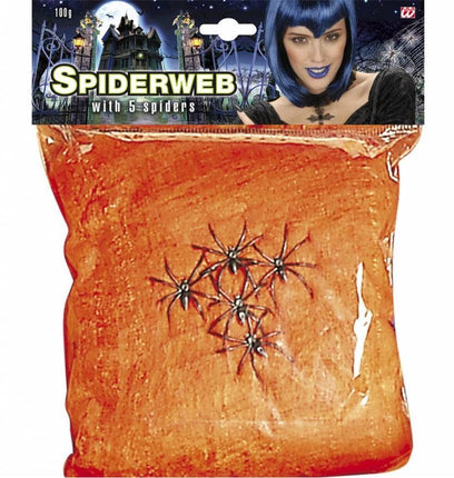 Halloweenaccessoires spinnenweb oranje 100 gram met 5 spinnen