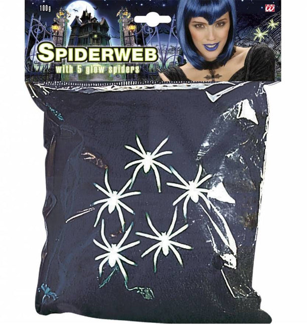 Halloweenaccessoires spinnenweb zwart 100 gram met 5 spinnen