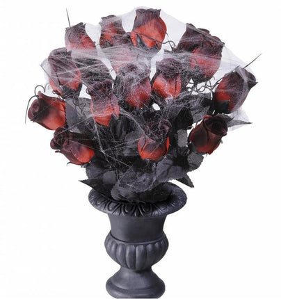 Halloweenaccessoires vaas met 15 rode rozen en spinneweb