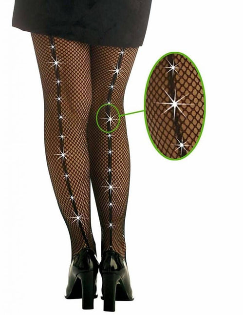 Halloweenaccessoires visnetpantyzwart met edelsteentjes