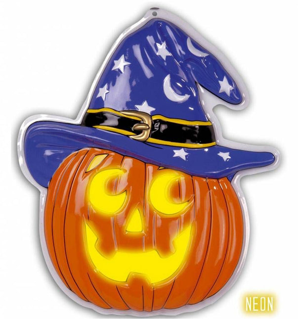 Halloweenaccessoires wanddecoratie neon met heksenhoed