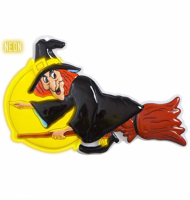 Halloweenaccessoires wanddecoratie vliegende heks op bezem