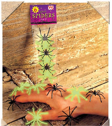 Halloweenaccessoires: Zakje met 6 spinnen, zwart en glow
