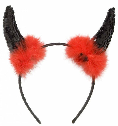 Halloweenaccessoires zwarte duivelhoorn pailetten met marabou