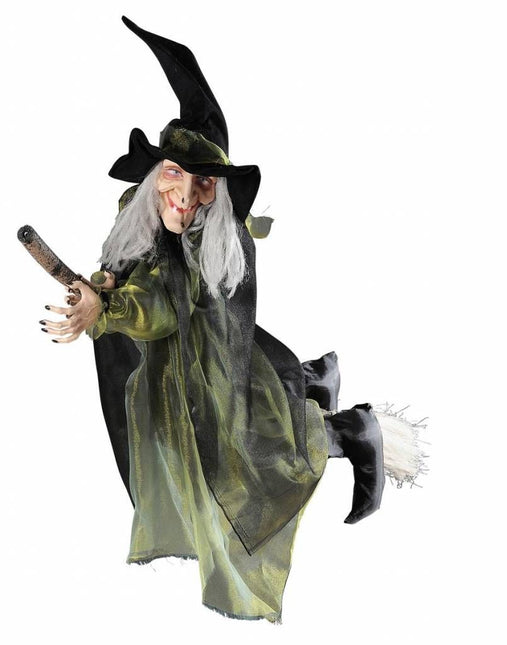 Halloweenkleding: Hangdeco heks op bezemsteel 100cm