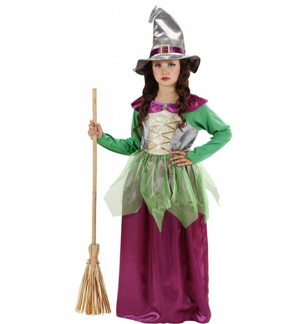 Halloweenkleding heks kind groen/paars